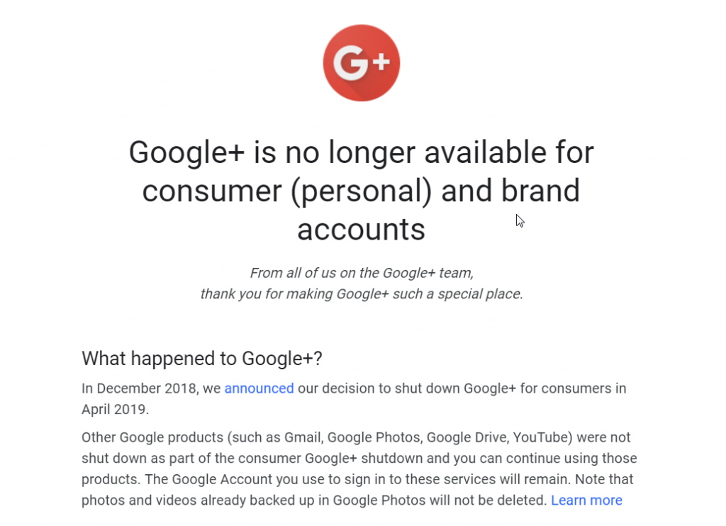 Google Plus No Longer!