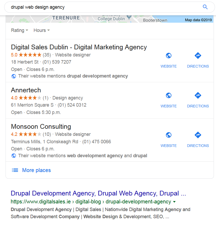 Drupal Web Design Agency Organic Position 1 and Position 1 in GMB