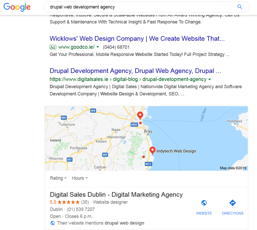 Drupal Web Development Agency - Organic Position 1 and Position 1 in GMB